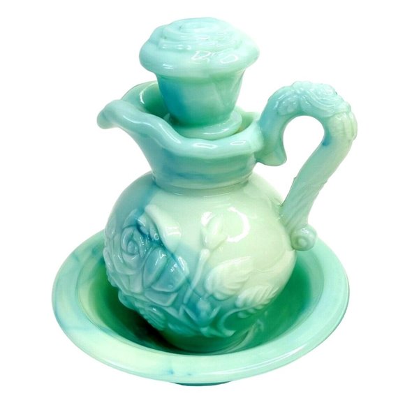 Avon Jadeite Decanter Bottle Pitcher and Bowl w/ Stoppers 5" Victoriana Glass - Picture 4 of 11